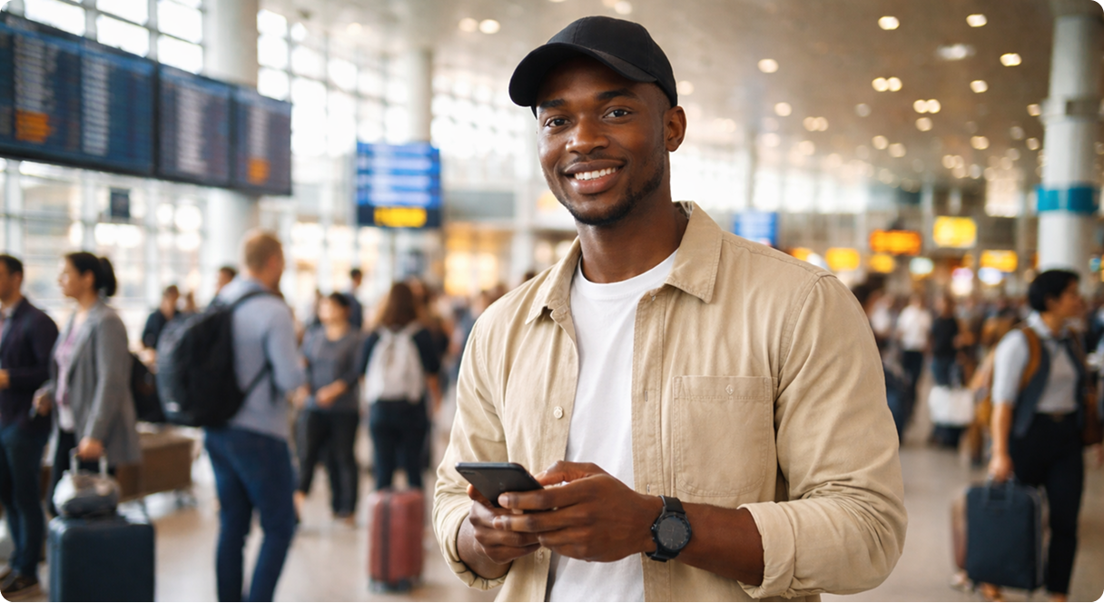 Man at airport terminal - Become an agent opportunity